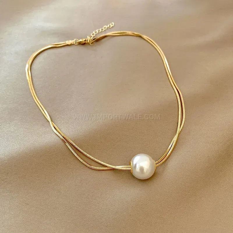 Layered Pearl Snake Chain Titanium Steel Choker Necklace
