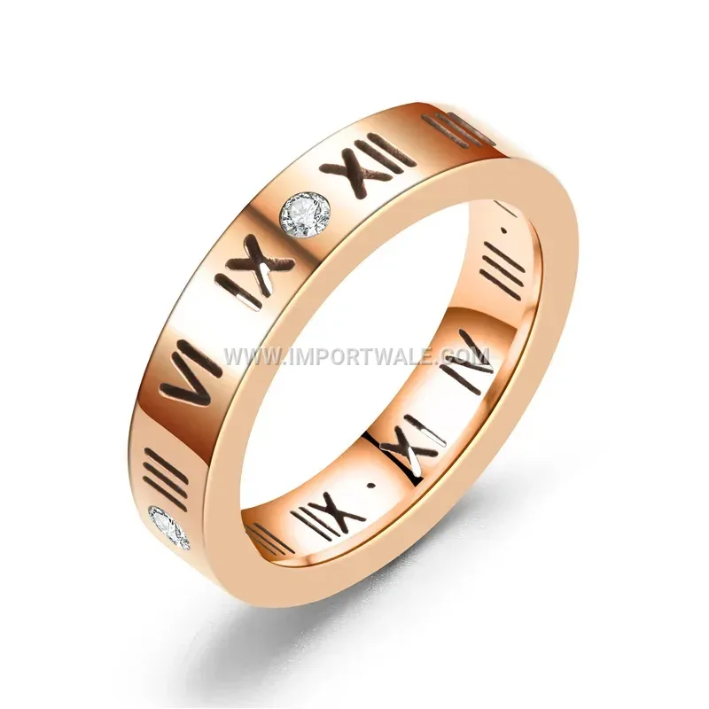 Stainless Steel Roman Numeral Crystal Inlaid Band Ring