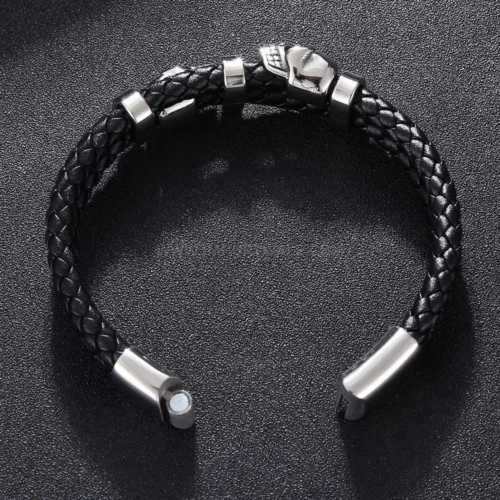 Classic Braided Leather Skull Clasp Steel Bracelet