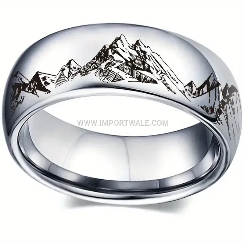 Laser Engraved Mountain Peak Stainless Steel Band Ring