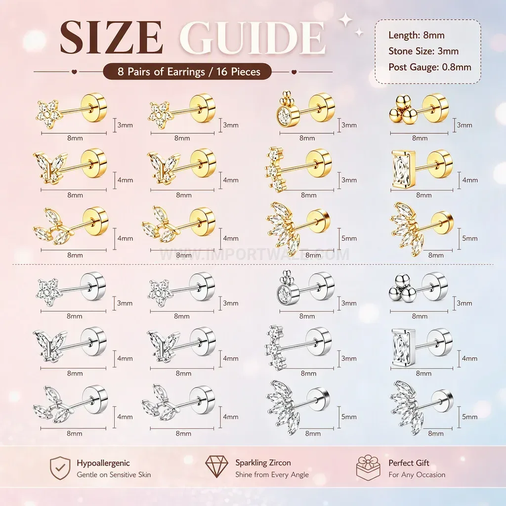 Chic Geometric Stainless Steel Zircon Wave Screw Cartilage Piercing Set