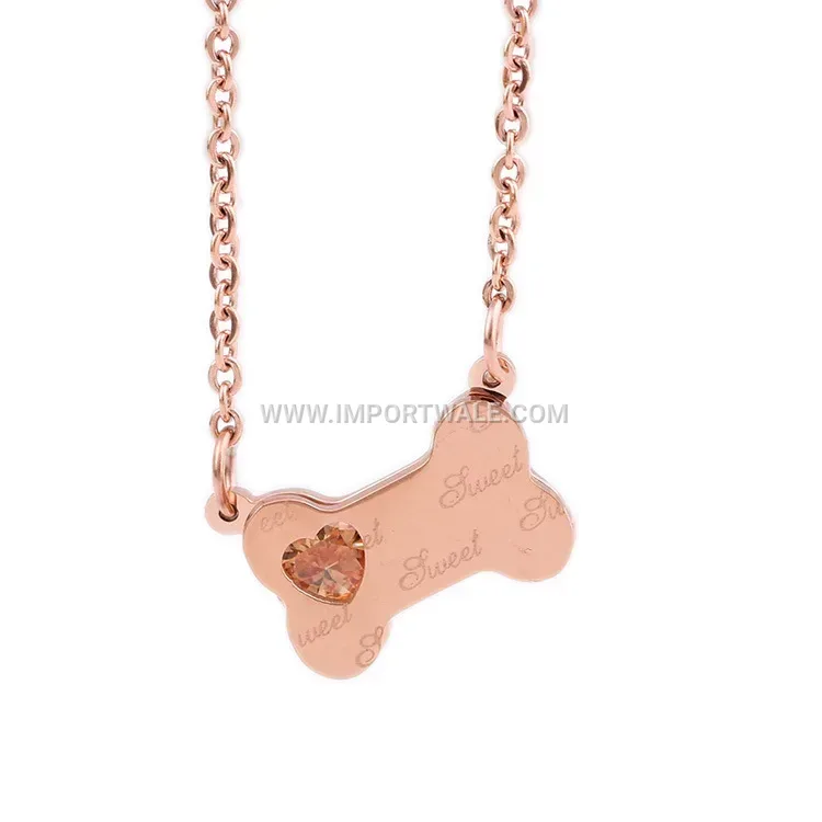 Rhinestone Dog Bone Pendant Stainless Steel Rose Gold Necklace