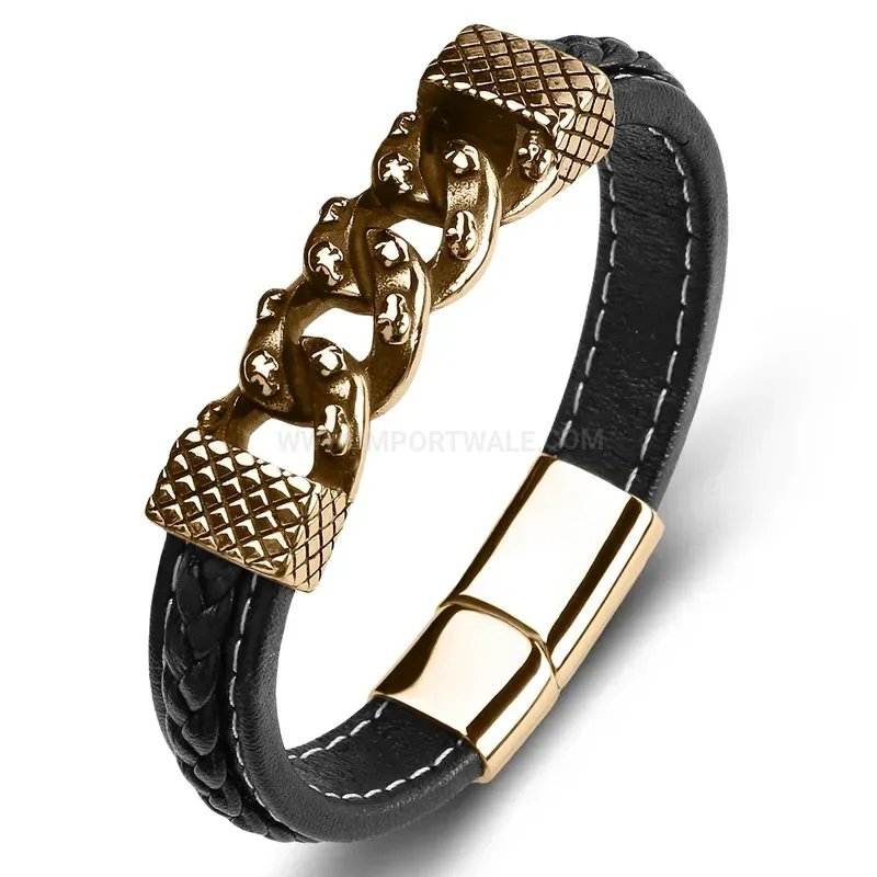 Chic Stainless Steel Skull Chain Leather Bangle Bracelet