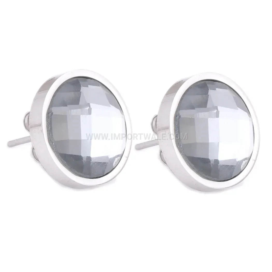 Faceted Round Glass Stainless Steel Stud Earrings