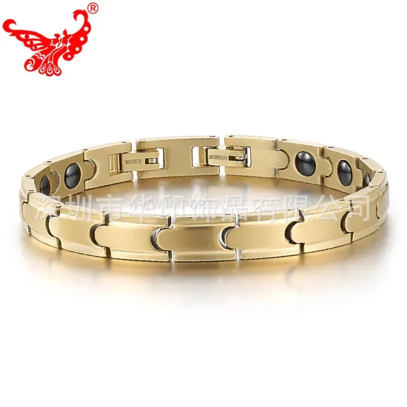 Fashion Brushed Gold Pure Titanium Bio Bracelet with Magnetic Hematite Elements