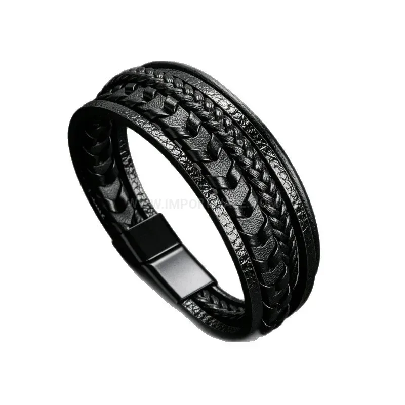 Modern Multi Strand Braided Leather Wristband with Alloy Magnetic Clasp