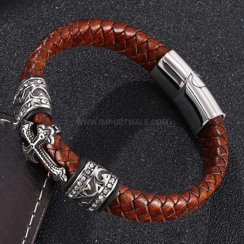 Stylish Brown Leather Stainless Steel Cross Bracelet