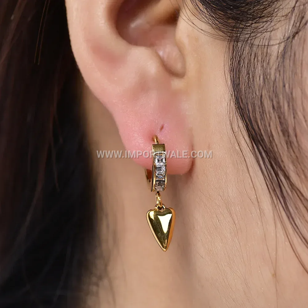 Gold Plated Stainless Steel Heart Pendant Earrings With Cubic Zirconia
