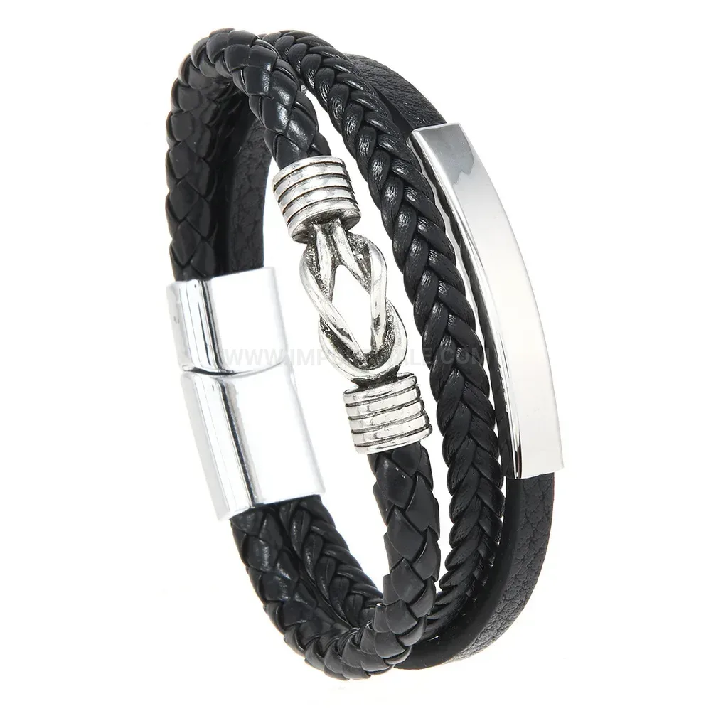 Bold Vintage Multi Layer Knotted Leather Bracelet with Curved Metal Accent