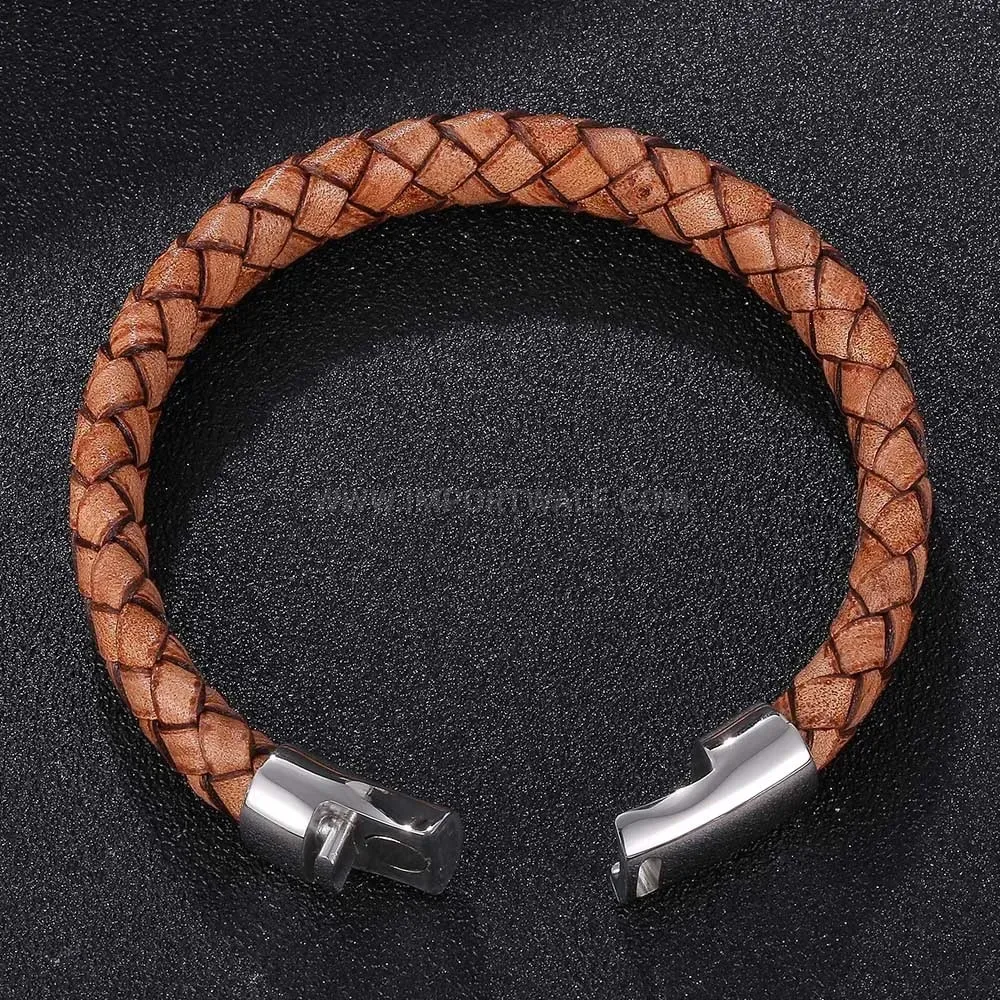 Classic Braided Leather Wristband with Stainless Steel Magnetic Clasp