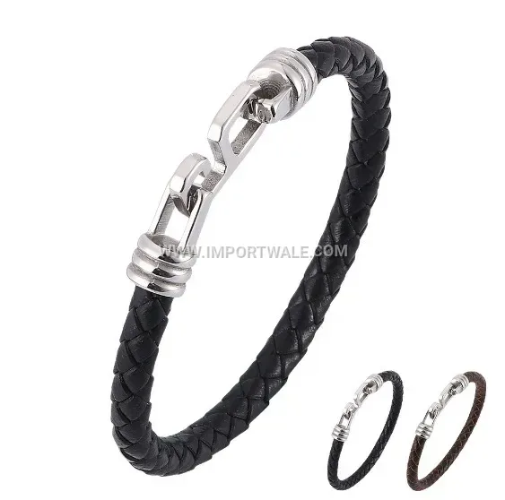 Men's Single Strand Leather Stainless Steel Snap Buckle Bracelet