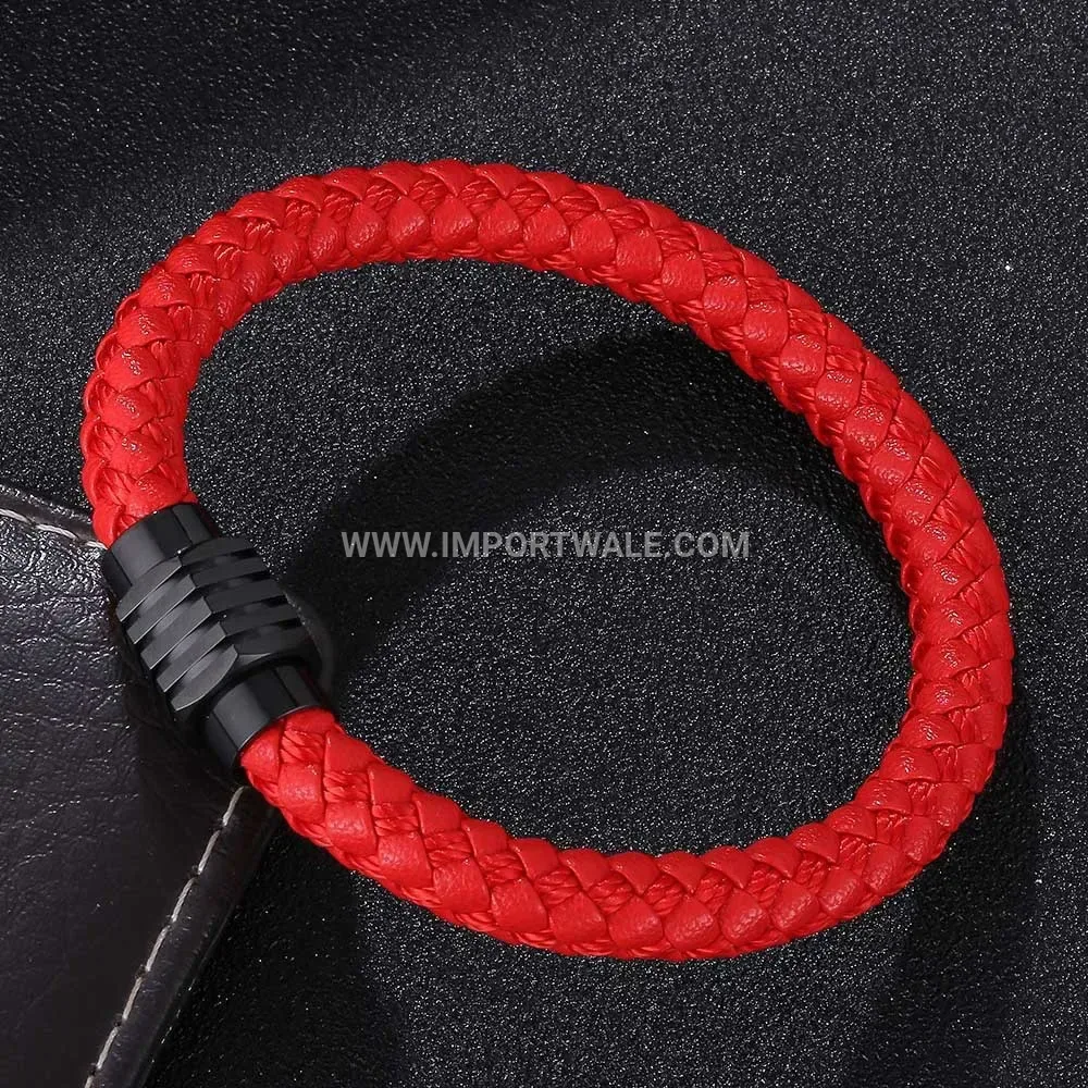 Retro Braided Leather Wristlet with Black Stainless Steel Interlocking Clasp