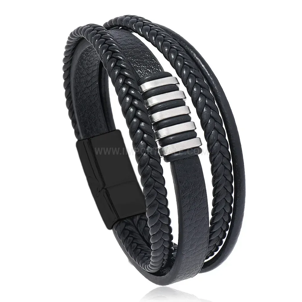 Bold Braided Leather Wristband with Alloy Magnetic Clasp