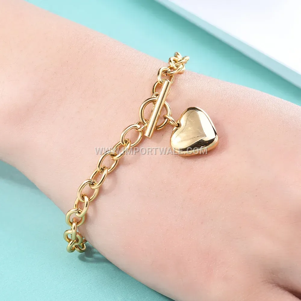 Stainless Steel Heart Cross Chain Toggle Clasp Bracelet