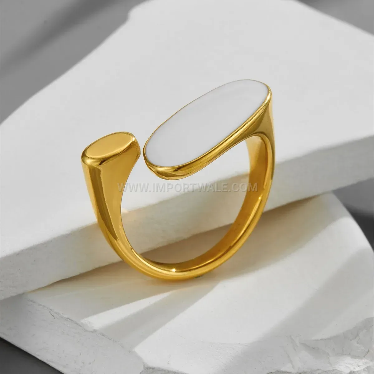 Gold Plated Titanium Steel Oval White Shell Open Band Ring