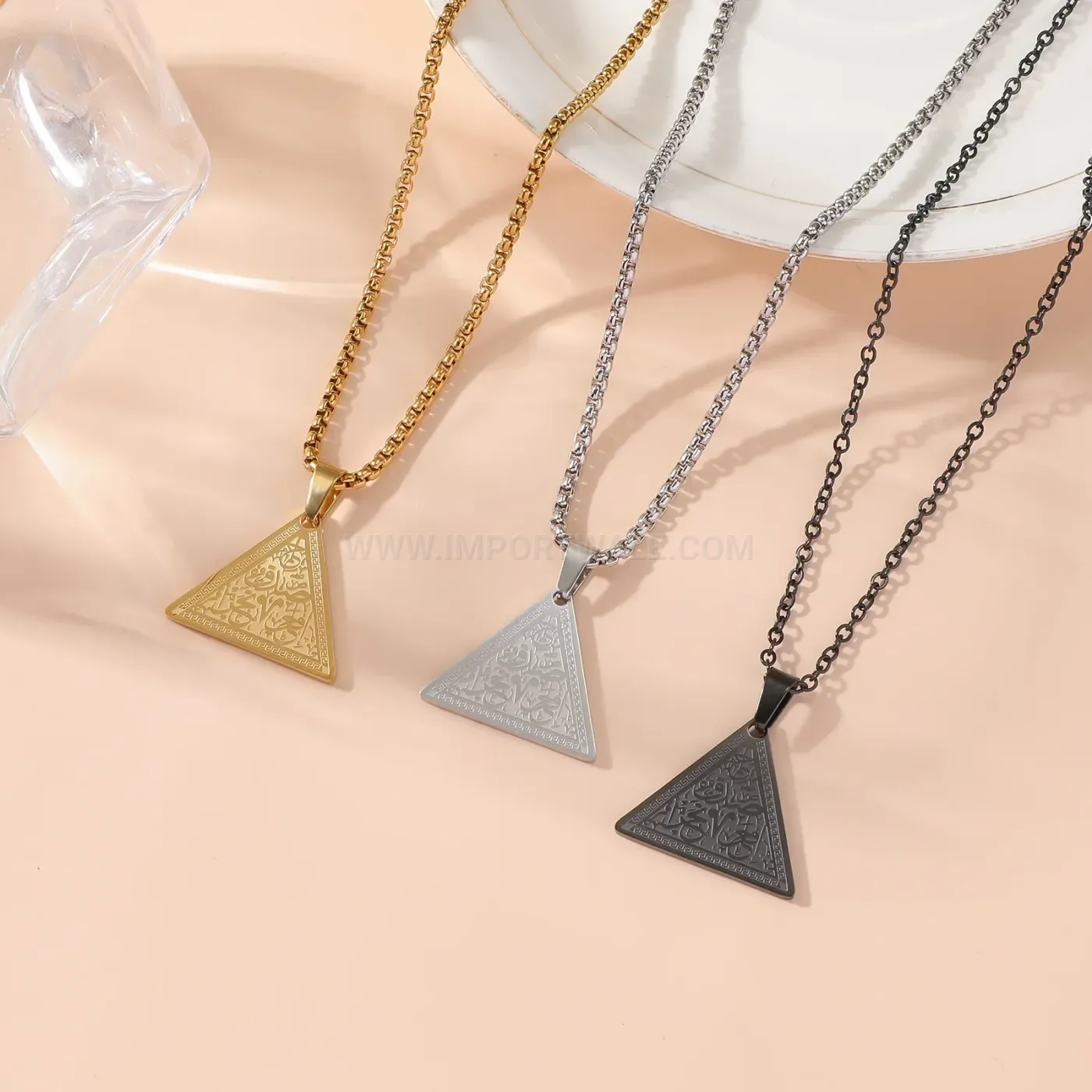 Bold Stainless Steel Triangular Calligraphy Quran Pendant Necklace