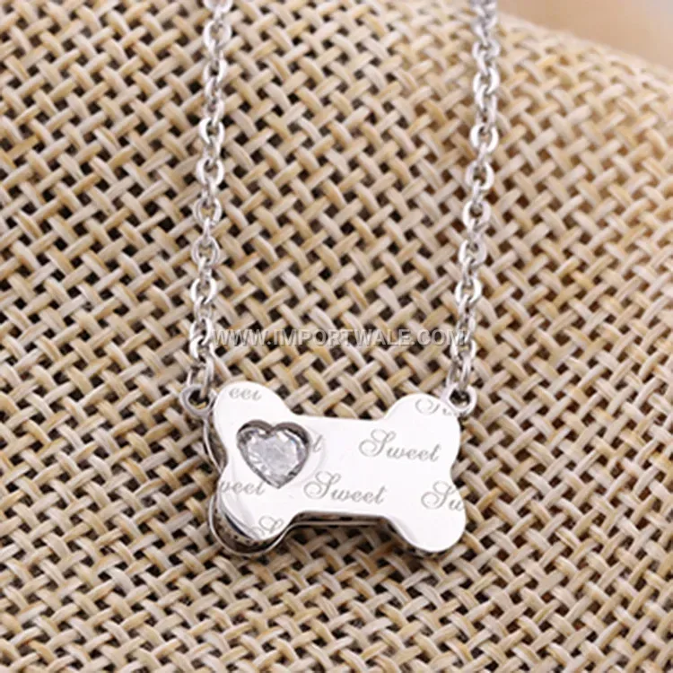 Rhinestone Dog Bone Pendant Stainless Steel Rose Gold Necklace