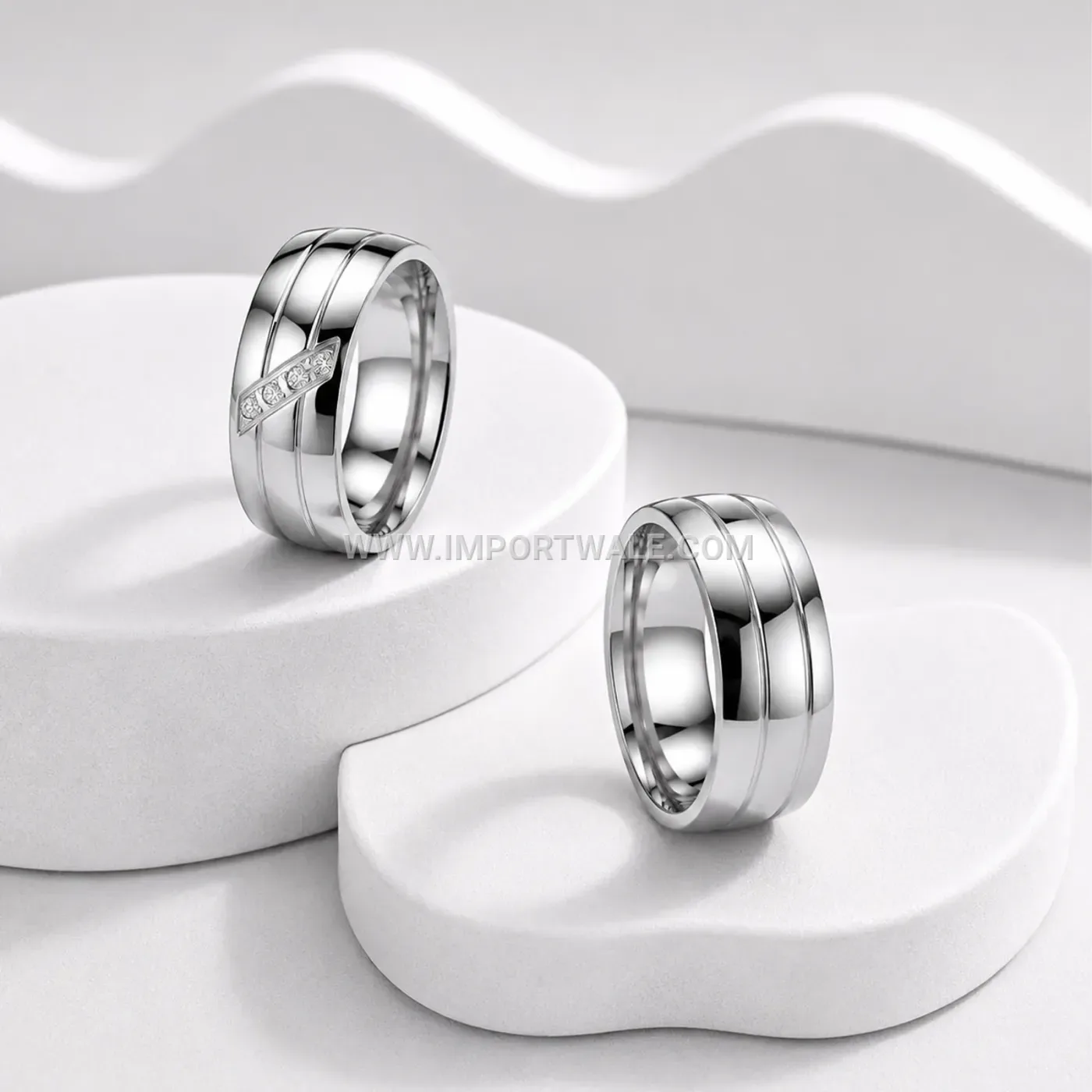 Wide Stainless Steel Double Groove Band Ring with Accented Rhinestones