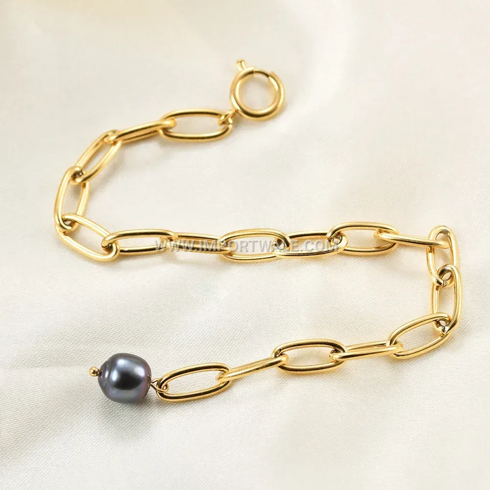 Minimalist Black Faux Pearl Paperclip Chain Stainless Steel Bracelet