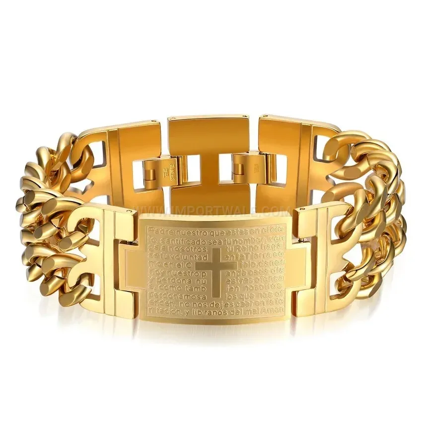 Elegant Double Row Stainless Steel Curved Plate Cross Chain Bracelet for Men