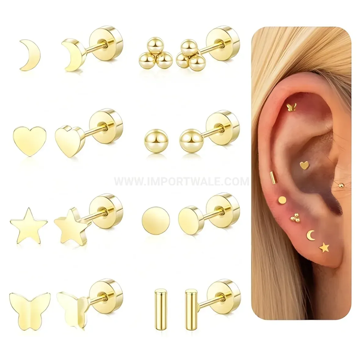 Chic Stainless Steel Star Moon Heart Piercing Stud Earrings Set
