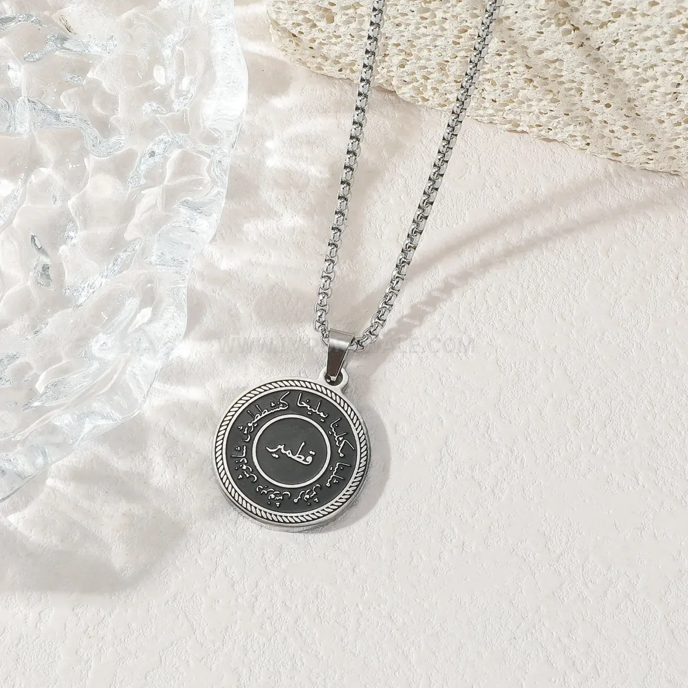 Stylish Patterned Stainless Steel Calligraphy Medallion Pendant Necklace