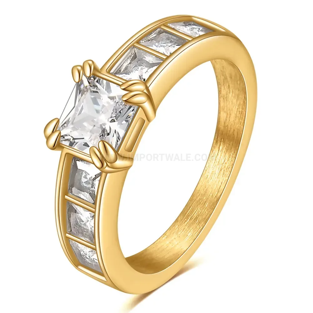 Trendy Gold Plated Stainless Steel Square Cubic Zirconia Ring
