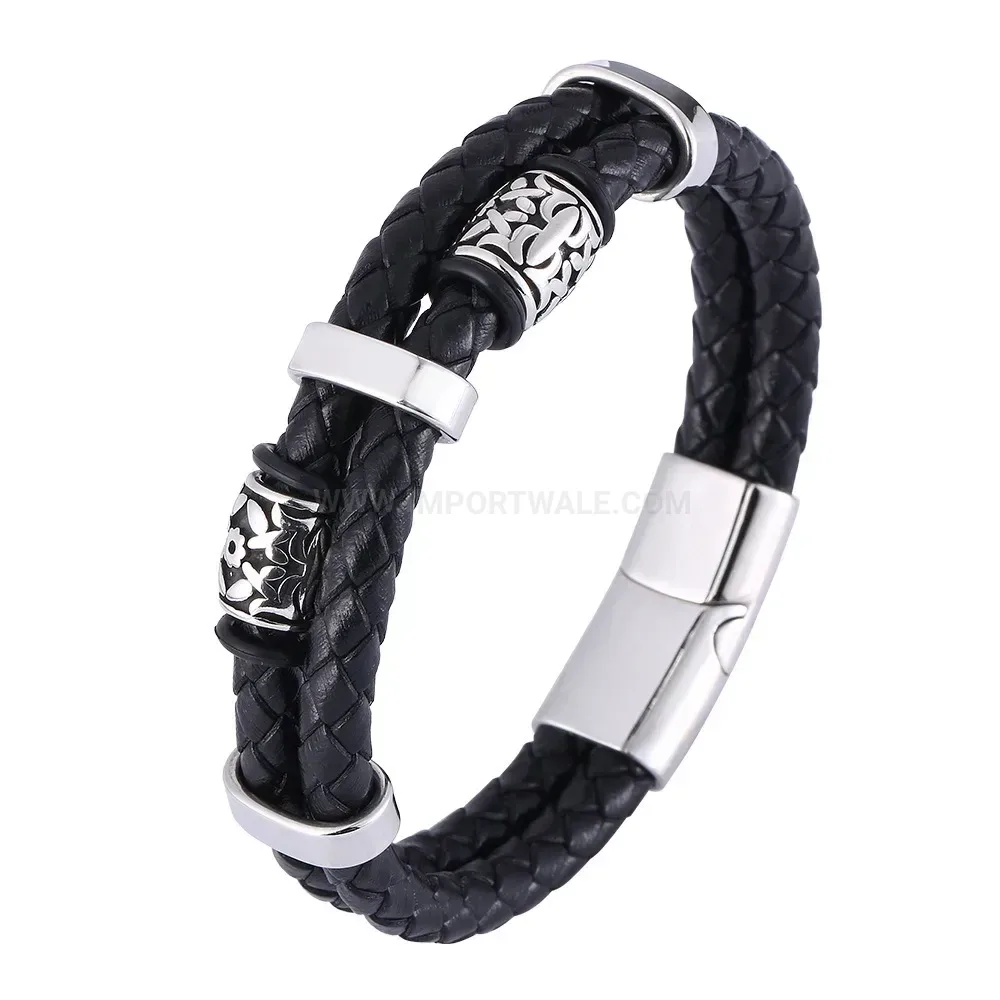 Men's Viking Style Braided Leather Bead Bracelet in Stainless Steel