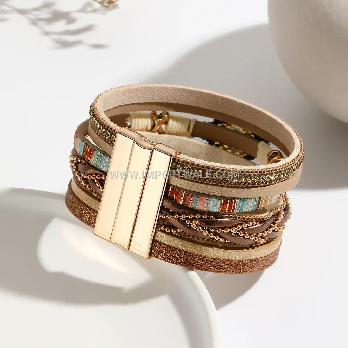 Handmade Woven Leather Beaded Bracelet with Evil Eye