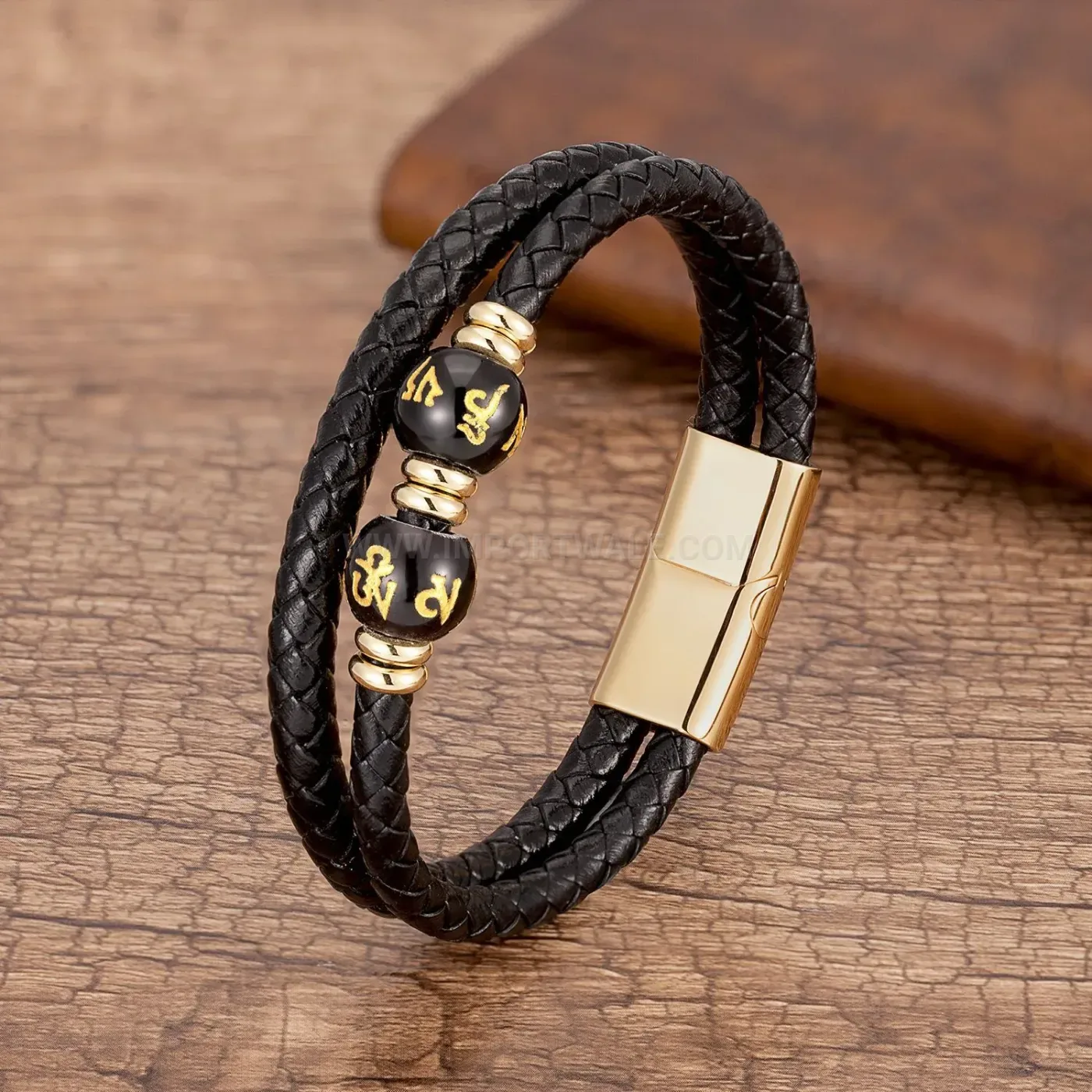 Vintage Natural Stone Leather Bracelet With Stainless Steel Magnetic Closure