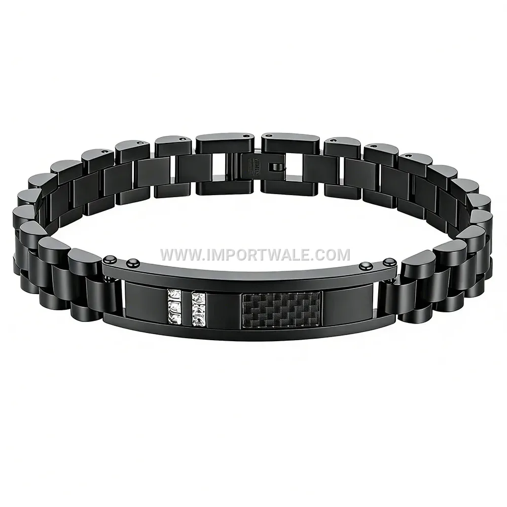 Stainless Steel Rhinestone Carbon Fiber Curved Link Watch Band Bracelet