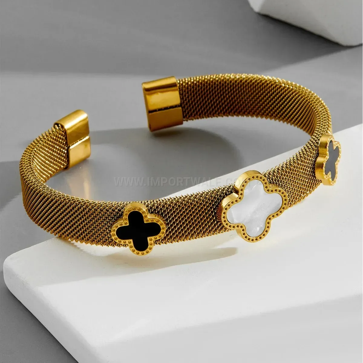Open Cuff Four-Leaf Clover Stainless Steel Bangle Bracelet