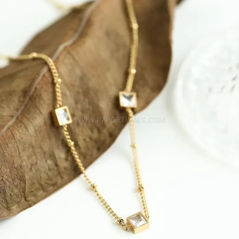 Modern French Square Cubic Zirconia 18K Gold Plated Steel Pendant Necklace