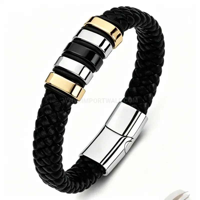 Modern Woven Leather Bracelet with Tri-Color Steel Bead Accents
