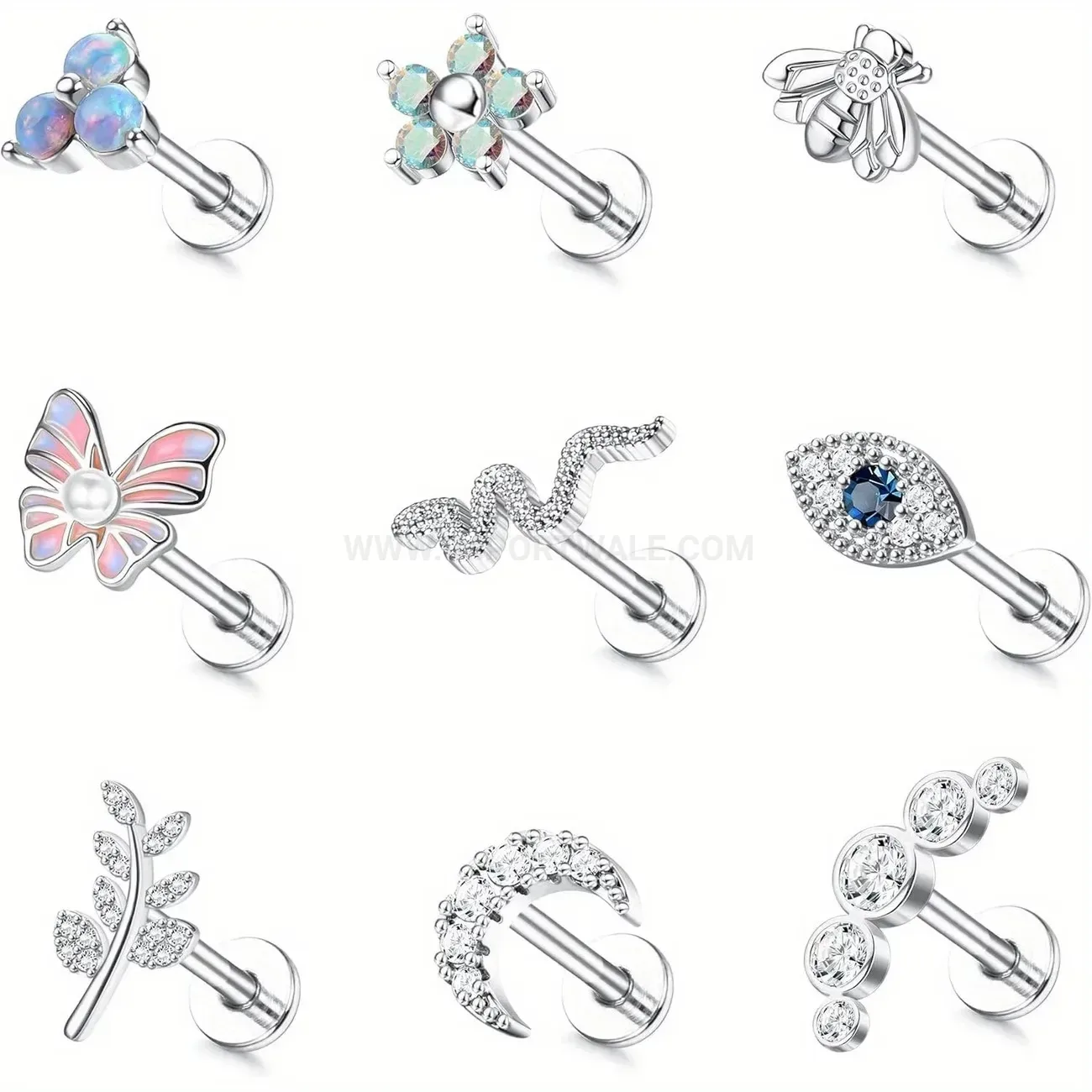 Designer Sparkling Cubic Zirconia Flower and Butterfly Piercing Stud Set