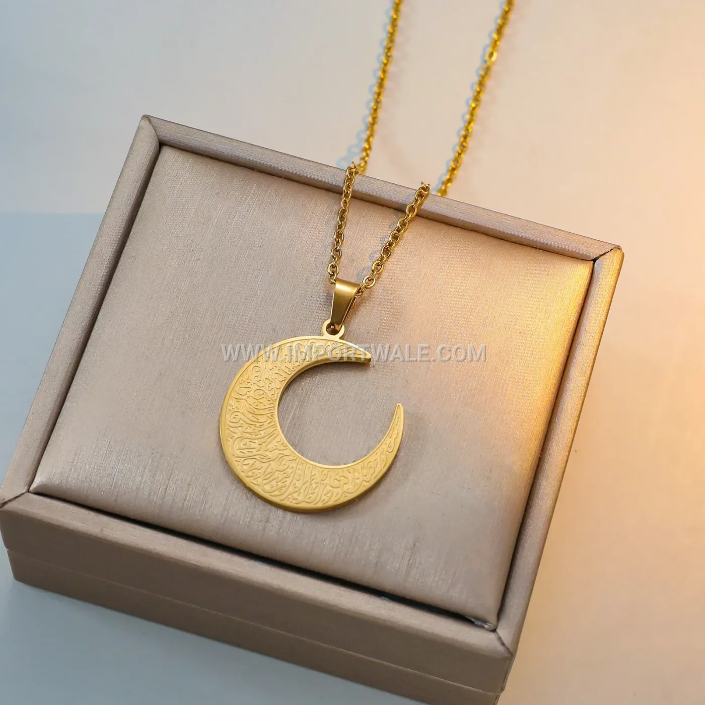 Stainless Steel Crescent Moon Arabic Script Pendant Box Chain Necklace