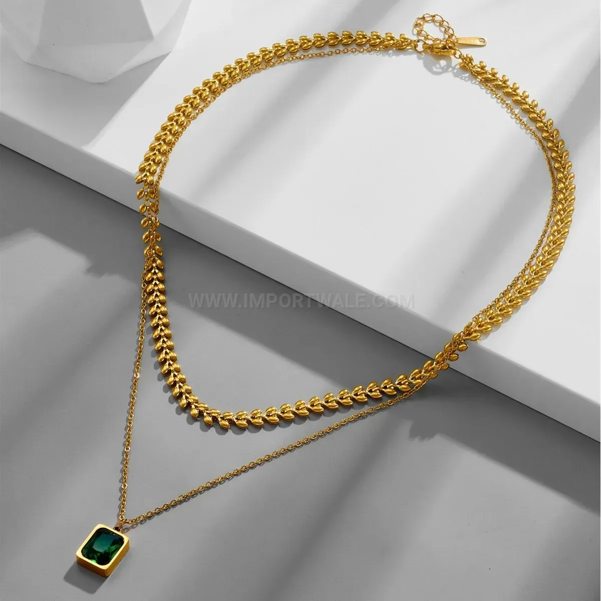 Trendy Layered Titanium Steel Emerald Zircon Pendant Necklace