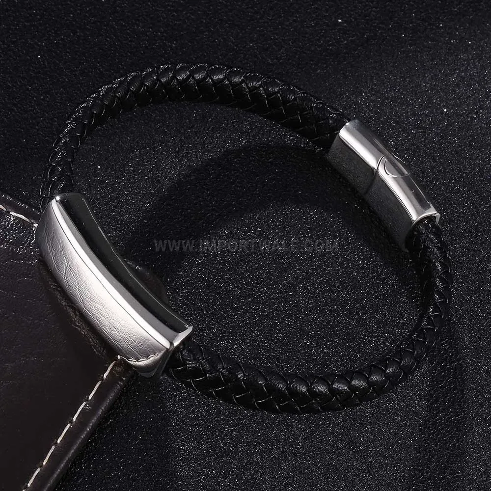 Braided Leather Wristband with Stainless Steel Magnetic Clasp