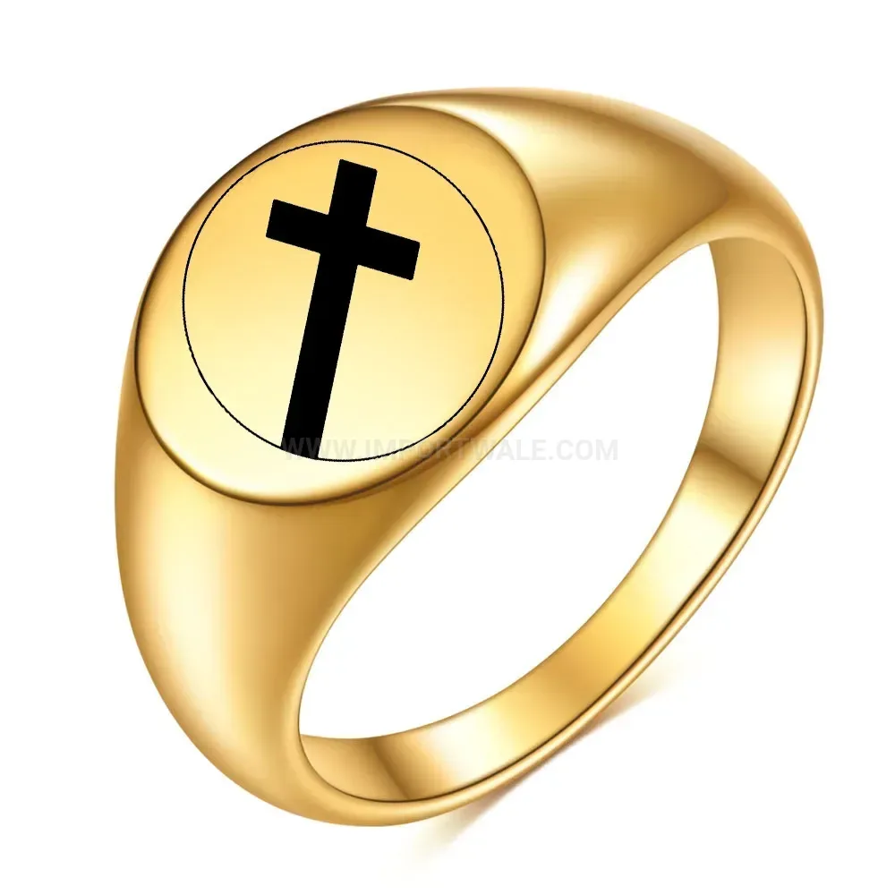Modern Laser Engraved Cross Motif 12mm Stainless Steel Band Ring