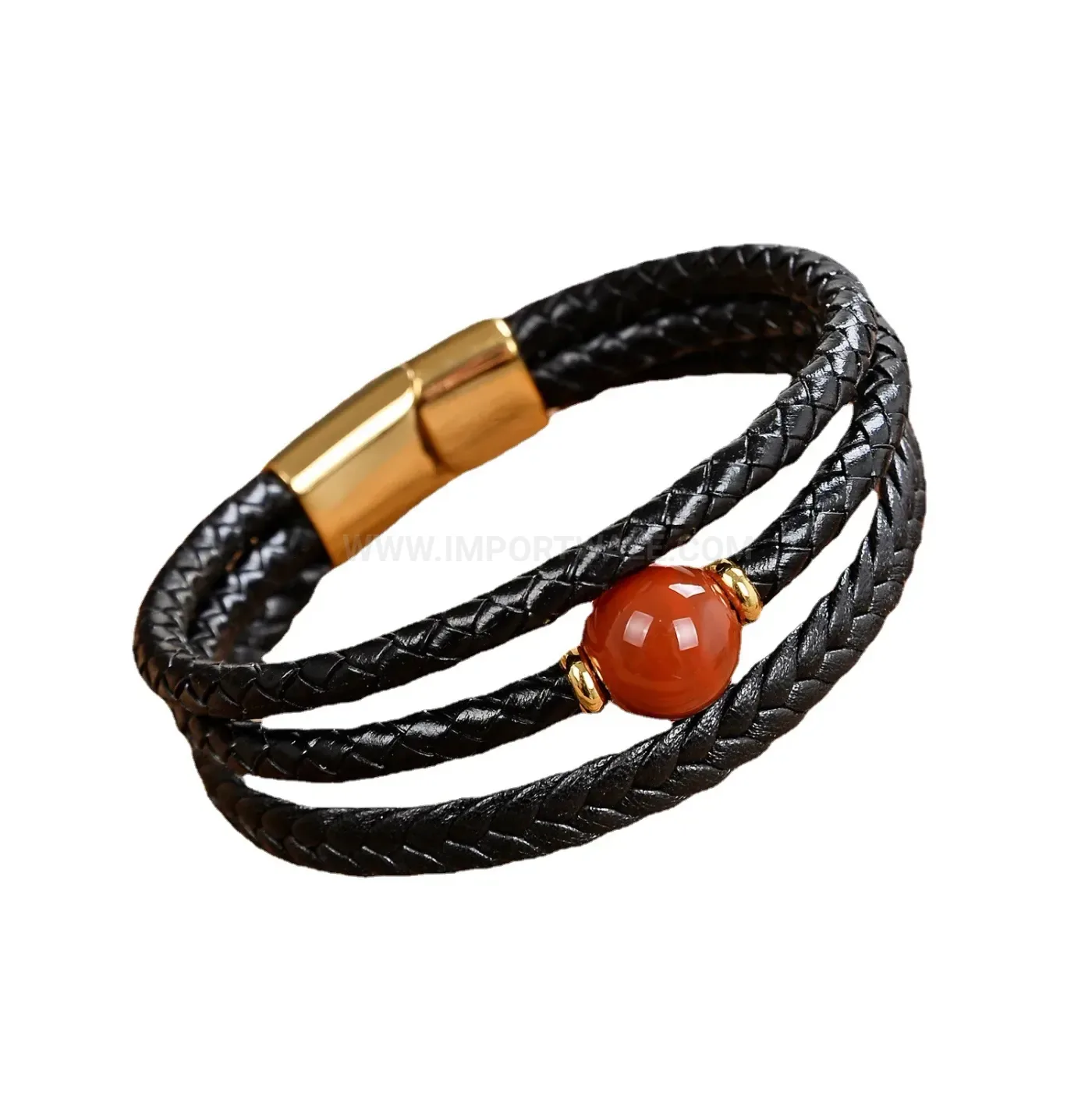 Multi Layer Woven Leather Natural Stone Bracelet Stainless Steel Magnetic Clasp