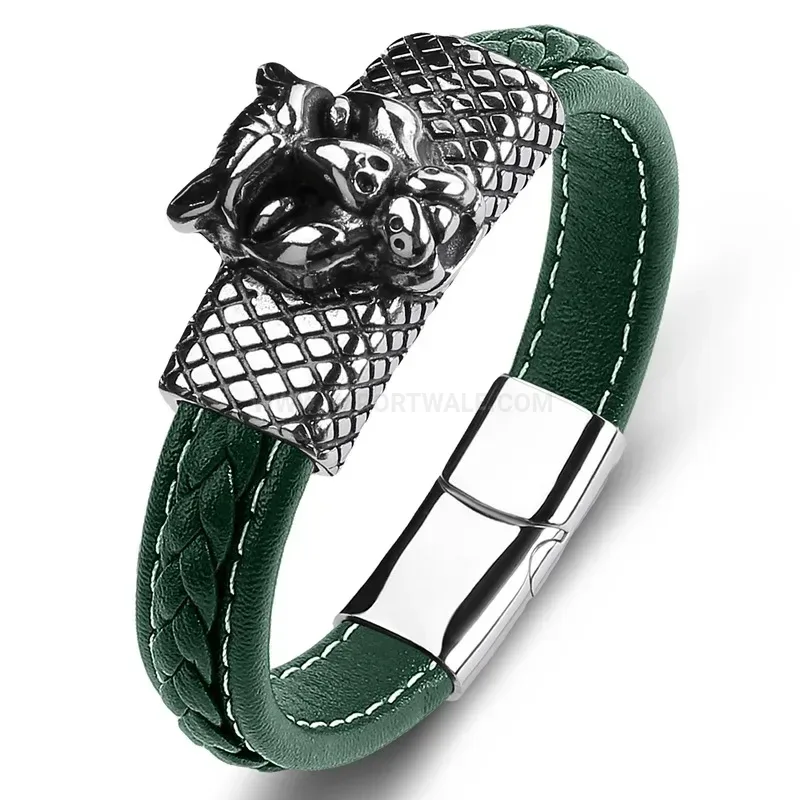 Elegant Cheetah Accent Stainless Steel Braided Leather Men Bracelet