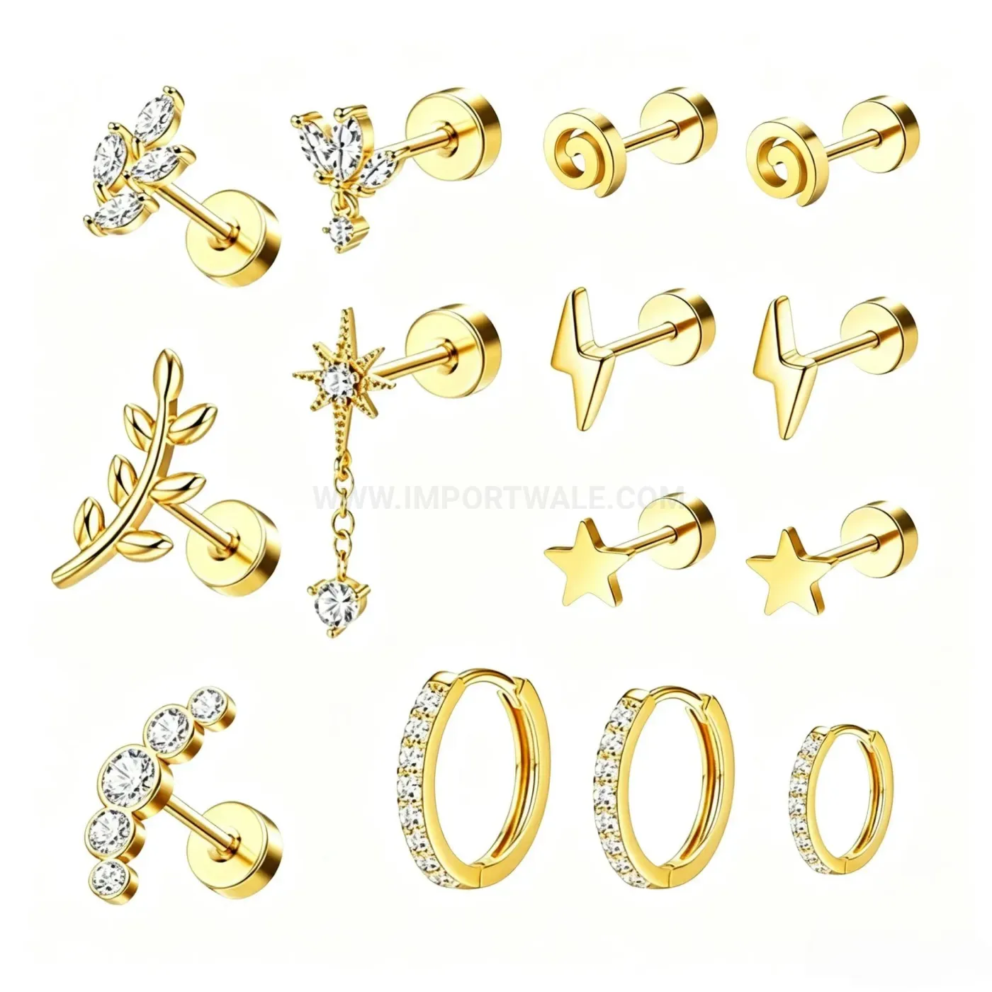 Designer Stainless Steel Lightning Stone Threaded Flat Back Ear Piercing Set