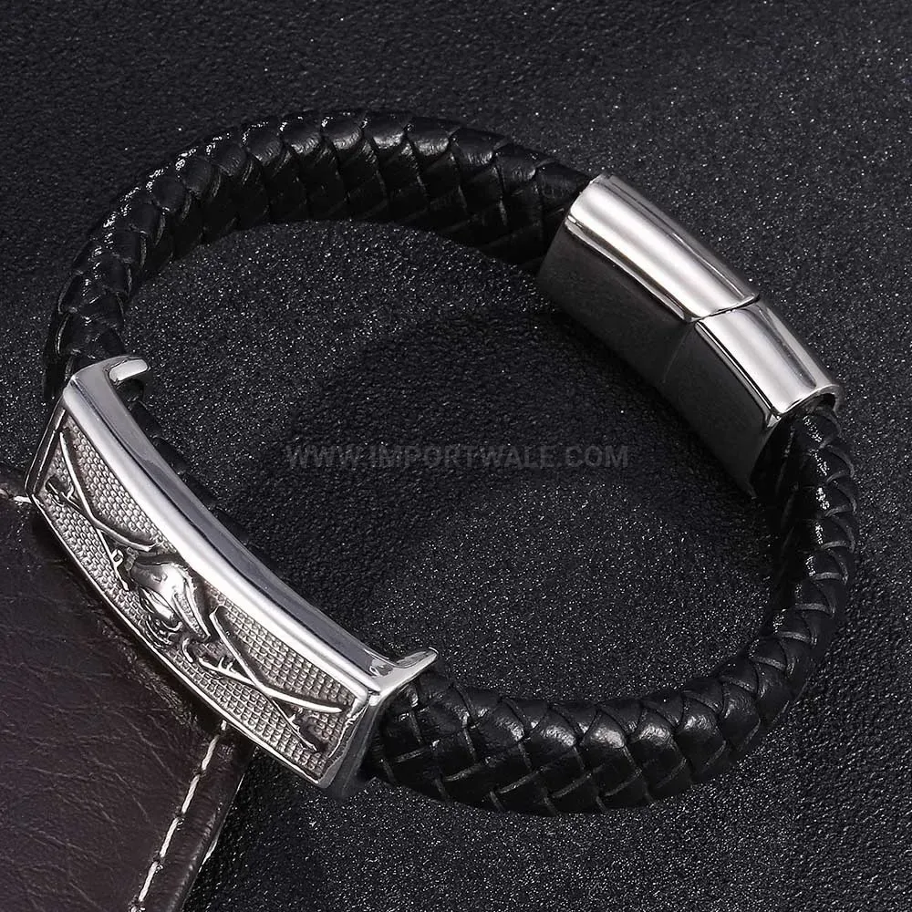 Fashion Gothic Skull Stainless Steel Accent Braided Genuine Leather Wristband
