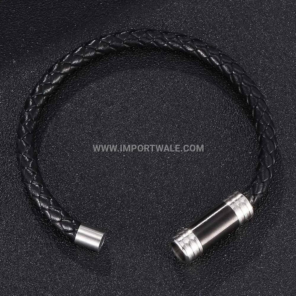 Woven Leather Strand Wristband with Black Metal Clasp