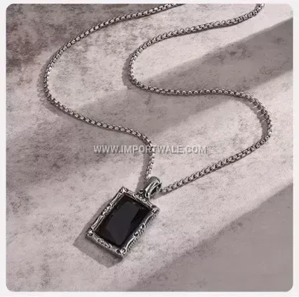 Vintage Obsidian Dog Tag Stainless Steel Men Necklace