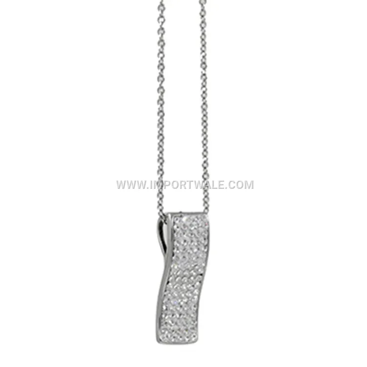 Silver Stainless Steel Rectangular Rhinestone Pendant Necklace