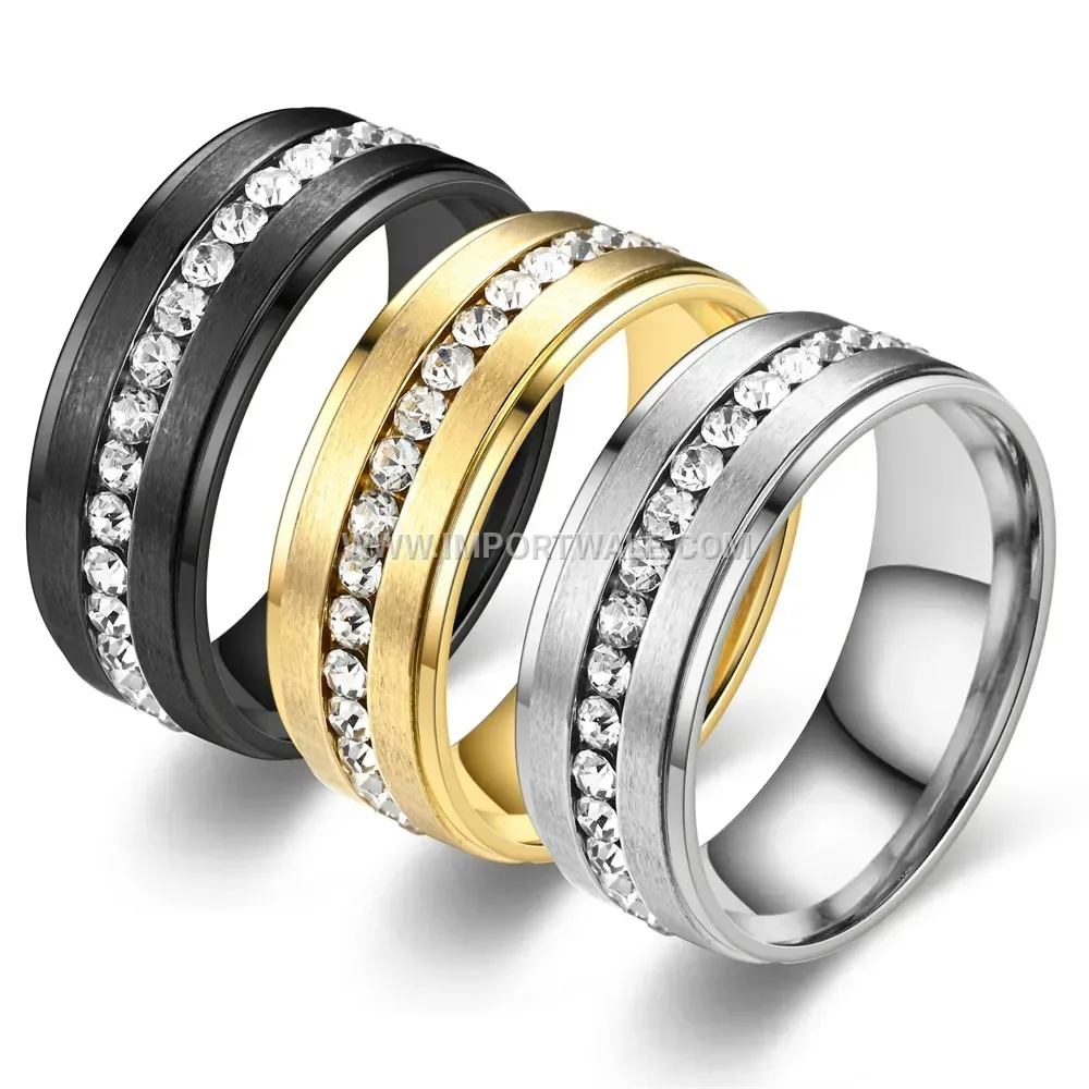 Matte Stepped Stainless Steel Eternity Band Ring with Crystals