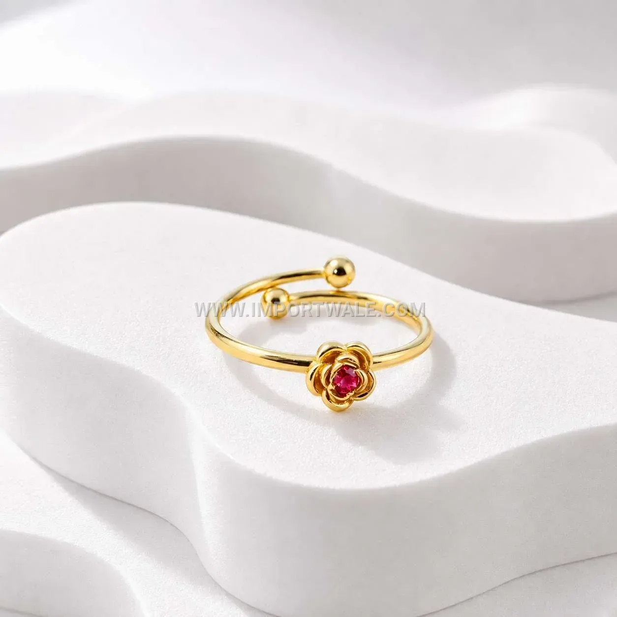 Adjustable Rose Floral Crystal Bead Stainless Steel Open Ring