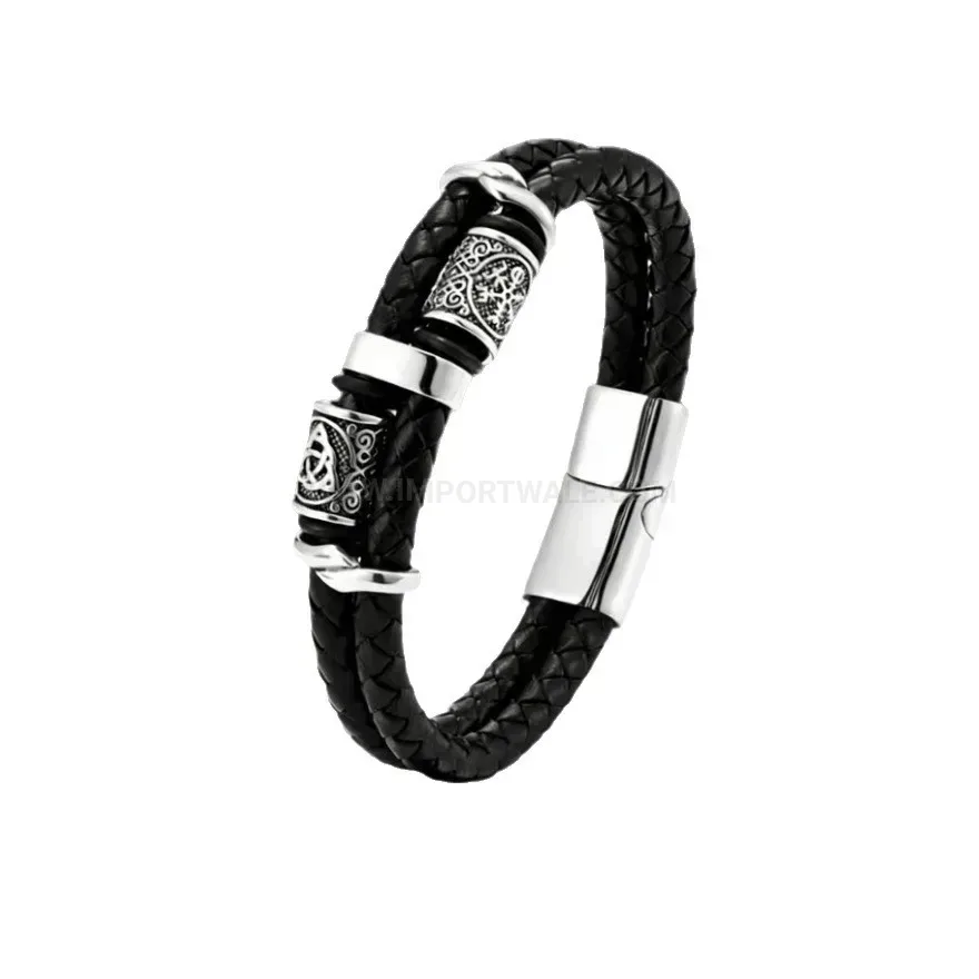 Modern Viking Totem Woven Leather Magnetic Wristband Bracelet