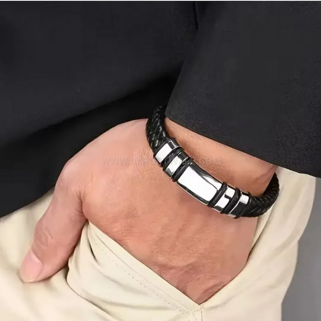Fashion Braided Leather Business Bracelet With Alloy Magnetic Clasp